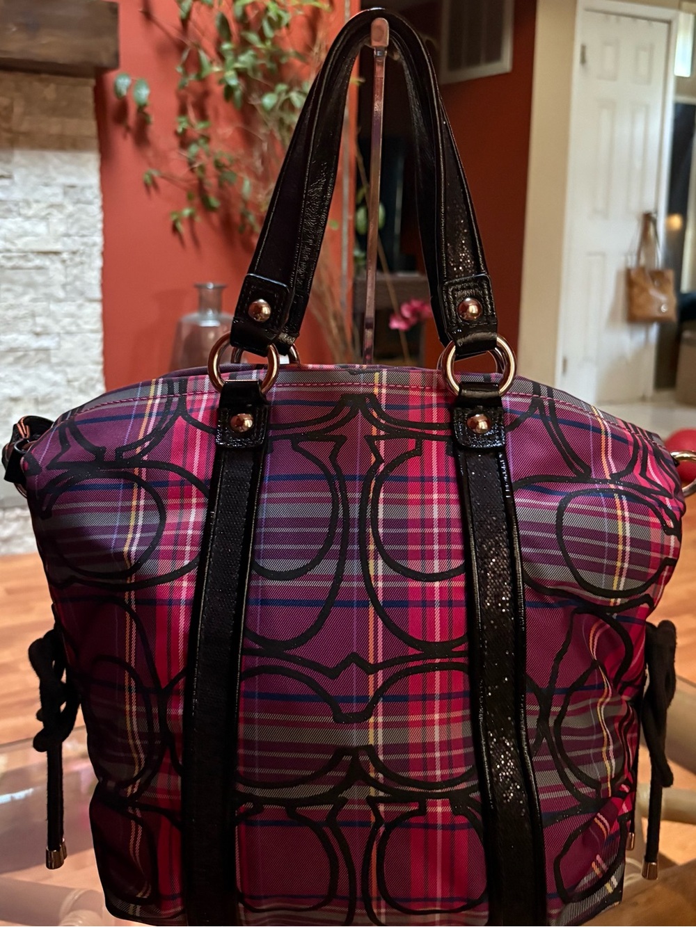 Coach Poppy Pink Plaid Tote Bag with Black Trim 2 Charms Included Like New - Picture 5 of 9